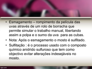 • Esmagamento – rompimento da película das
uvas através de um rolo de borracha que
permite simular o trabalho manual, libertando
assim a polpa e o sumo da uva para as cubas.
• Nota: Após o esmagamento o mosto é sulfitado.
• Sulfitação : é o processo usado com o composto
químico anidrido sulfuroso que tem como
objectivo evitar alterações indesejáveis no
mosto.
 