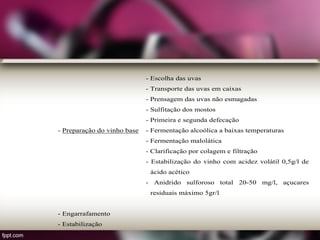 - Escolha das uvas
- Transporte das uvas em caixas
- Prensagem das uvas não esmagadas
- Sulfitação dos mostos
- Primeira e segunda defecação
- Preparação do vinho base - Fermentação alcoólica a baixas temperaturas
- Fermentação malolática
- Clarificação por colagem e filtração
- Estabilização do vinho com acidez volátil 0,5g/l de
ácido acético
- Anidrido sulforoso total 20-50 mg/l, açucares
residuais máximo 5gr/l
- Engarrafamento
- Estabilização
 
