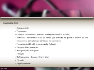 Espumante Asti:
- Esmagamento;
- Prensagem;
- Colagem com tanino – processo usado para clarificar o vinho;
- Filtração – tratamento físico do vinho que consiste em passá-lo através de um
crivo poroso para eliminar partículas em suspensão;
- Fermentação (18 a 20 graus em cuba fechada)
- Paragem da fermentação
- Refrigeração a zero graus
- Filtração
- Refrigeração a –4 graus (10 a 15 dias)
- Filtração
- Engarrafamento
 