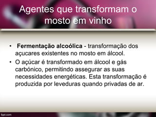 Agentes que transformam o
mosto em vinho
• Fermentação alcoólica - transformação dos
açucares existentes no mosto em álcool.
• O açúcar é transformado em álcool e gás
carbónico, permitindo assegurar as suas
necessidades energéticas. Esta transformação é
produzida por leveduras quando privadas de ar.
 