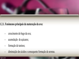1.2.1.Fenómenosprincipaisdamaturaçãodauva:
- crescimentodobagodauva;
- acumulação deaçúcares;
- formaçãodetaninos;
- diminuiçãodosácidoseconsequenteformaçãodearomas.
 