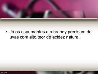 • Já os espumantes e o brandy precisam de
uvas com alto teor de acidez natural.
 