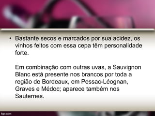 • Bastante secos e marcados por sua acidez, os
vinhos feitos com essa cepa têm personalidade
forte.
Em combinação com outras uvas, a Sauvignon
Blanc está presente nos brancos por toda a
região de Bordeaux, em Pessac-Léognan,
Graves e Médoc; aparece também nos
Sauternes.
 