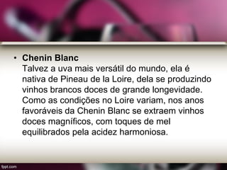 • Chenin Blanc
Talvez a uva mais versátil do mundo, ela é
nativa de Pineau de la Loire, dela se produzindo
vinhos brancos doces de grande longevidade.
Como as condições no Loire variam, nos anos
favoráveis da Chenin Blanc se extraem vinhos
doces magníficos, com toques de mel
equilibrados pela acidez harmoniosa.
 