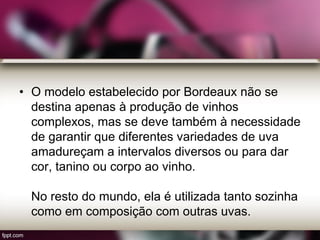 • O modelo estabelecido por Bordeaux não se
destina apenas à produção de vinhos
complexos, mas se deve também à necessidade
de garantir que diferentes variedades de uva
amadureçam a intervalos diversos ou para dar
cor, tanino ou corpo ao vinho.
No resto do mundo, ela é utilizada tanto sozinha
como em composição com outras uvas.
 