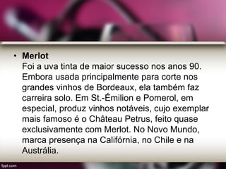 • Merlot
Foi a uva tinta de maior sucesso nos anos 90.
Embora usada principalmente para corte nos
grandes vinhos de Bordeaux, ela também faz
carreira solo. Em St.-Émilion e Pomerol, em
especial, produz vinhos notáveis, cujo exemplar
mais famoso é o Château Petrus, feito quase
exclusivamente com Merlot. No Novo Mundo,
marca presença na Califórnia, no Chile e na
Austrália.
 