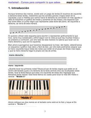 mailxmail - Cursos para compartir lo que sabes

1. Introducción

Aunque tenemos dos manos, existe solo un juego de teclas.Si tocamos de izquierda
a derecha estas teclas, notaremos que los sonidos graves o bajos estan en la
izquierda y que a medida que vamos hacia la derecha se convierten en más agudos o
altos.Si trazamos un gráfico de líneas y ponemos en las líneas y los espacios que
hay entre ellas un punto negro que represente cada tecla del piano, de izquierda a
derecha, se vería de esta manera.




Si quisiera utilizar este esquema para escribir o representar gráficamente lo que
toco, sería muy complicado y difícil seguir con la vista ya que hay muchas líneas y
se prestaría a confusión, por otro lado de esta manera no sabría que tocar con la
mano derecha y que con la izquierda.
Bien,ahora supongamos que hacemos desaparecer la línea del medio, obtendríamos
un esquema o gráfico mas claro y fácil de leer, por otro lado podríamos asignar que
la mano izquierda toque todas las notas que están en el grupo de líneas mas bajas,
y que la mano derecha haga lo propio con las de arriba.

mano derecha




mano izquierda
¿Querés tocar tus primeras notas? Busca el par de teclas negras que están en el
centro del teclado (justo a la derecha de la tecla central) Una vez localizadas estas
teclas, tocá la tecla blanca que esta a la izquierda de estas dos negras(la que
llamamos tecla central. Esta tecla blanca es usada para tocar la nota DO media o
central "Middle C"




Ahora coloque sus dos manos en el teclado como está en la foto y toque el Do
central o "Middle C" .



                                           3
 