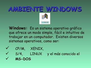 AMBIENTE WINDOWS

    Windows: Es un sistema operativo gráfico
que ofrece un modo simple, fácil e intuitivo de
trabajar en un computador. Existen diversos
sistemas operativos, como ser:

      CP/M, XENIX,
      S/4,  LINUX       y el más conocido el
      MS-DOS
 