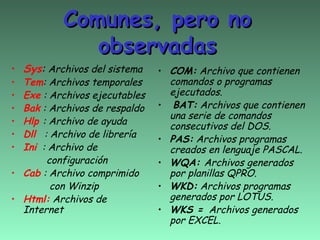 Comunes, pero no
             observadas
• Sys: Archivos del sistema    • COM: Archivo que contienen
• Tem: Archivos temporales       comandos o programas
• Exe : Archivos ejecutables     ejecutados.
• Bak : Archivos de respaldo   •  BAT: Archivos que contienen
                                 una serie de comandos
• Hlp : Archivo de ayuda         consecutivos del DOS.
• Dll : Archivo de librería    • PAS: Archivos programas
• Ini : Archivo de               creados en lenguaje PASCAL.
       configuración           • WQA: Archivos generados
• Cab : Archivo comprimido       por planillas QPRO.
        con Winzip             • WKD: Archivos programas
• Html: Archivos de              generados por LOTUS.
  Internet                     • WKS = Archivos generados
                                 por EXCEL.
 