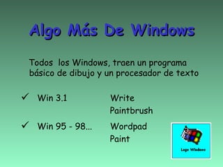 Algo Más De Windows
 Todos los Windows, traen un programa
 básico de dibujo y un procesador de texto

 Win 3.1           Write
                    Paintbrush
 Win 95 - 98...    Wordpad
                    Paint
 