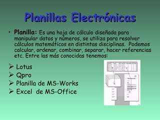 Planillas Electrónicas
• Planilla: Es una hoja de cálculo diseñada para
  manipular datos y números, se utiliza para resolver
  cálculos matemáticos en distintas disciplinas. Podemos
  calcular, ordenar, combinar, separar, hacer referencias
  etc. Entre las más conocidas tenemos:

 Lotus
 Qpro
 Planilla de MS-Works
 Excel de MS-Office
 