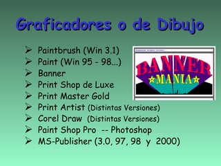 Graficadores o de Dibujo
    Paintbrush (Win 3.1)
    Paint (Win 95 - 98...)
    Banner
    Print Shop de Luxe
    Print Master Gold
    Print Artist (Distintas Versiones)
    Corel Draw (Distintas Versiones)
    Paint Shop Pro -- Photoshop
    MS-Publisher (3.0, 97, 98 y 2000)
 