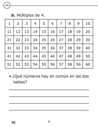 10
b. Múltiplos de 4.
1 2 3 4 5 6 7 8 9 10
11 12 13 14 15 16 17 18 19 20
21 22 23 24 25 26 27 28 29 30
31 32 33 34 35 36 37 38 39 40
41 42 43 44 45 46 47 48 49 50
51 52 53 54 55 56 57 58 59 60
• ¿Qué números hay en común en las dos
tablas?
6
 