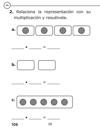 106 28
2. Relaciona la representación con su
multiplicación y resuélvela.
a.
_____ • _____ = _____
b.
_____ • _____ = _____
c.
_____ • _____ = _____
 