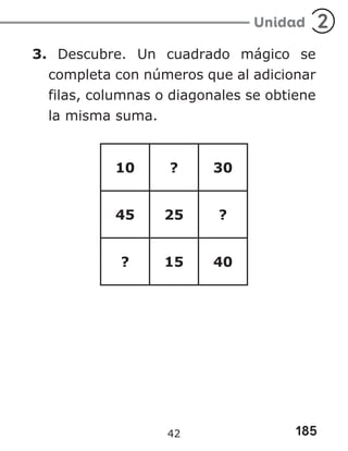 185
Unidad 2
3. Descubre. Un cuadrado mágico se
completa con números que al adicionar
filas, columnas o diagonales se obtiene
la misma suma.
10 ? 30
45 25 ?
? 15 40
42
 