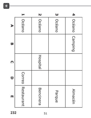 232
4
Océano
Camping
Almacén
3
Océano
Parque
2
Océano
Hospital
Bencinera
1
Océano
Correo
Restaurant
A
B
C
D
E
51
 