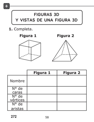 272
FIGURAS 3D
Y VISTAS DE UNA FIGURA 3D
1. Completa.
Figura 1 Figura 2
Figura 1 Figura 2
Nombre
N° de
caras
N° de
vértices
N° de
aristas
58
 