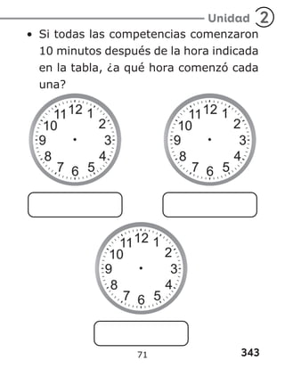 343
Unidad 2
• Si todas las competencias comenzaron
10 minutos después de la hora indicada
en la tabla, ¿a qué hora comenzó cada
una?
71
 