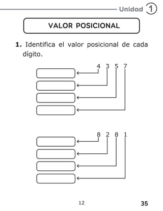 35
12
VALOR POSICIONAL
1. Identifica el valor posicional de cada
dígito.
 