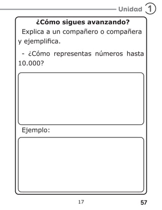 57
17
¿Cómo sigues avanzando?
Explica a un compañero o compañera
y ejemplifica.
- ¿Cómo representas números hasta
10.000?
Ejemplo:
 