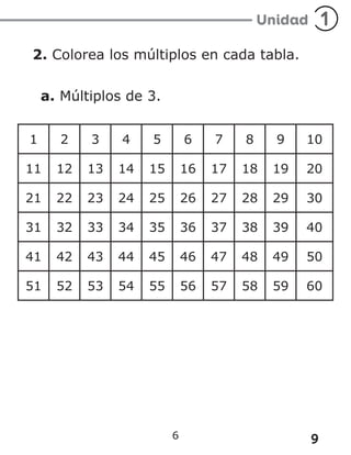 9
6
2. Colorea los múltiplos en cada tabla.
a. Múltiplos de 3.
1 2 3 4 5 6 7 8 9 10
11 12 13 14 15 16 17 18 19 20
21 22 23 24 25 26 27 28 29 30
31 32 33 34 35 36 37 38 39 40
41 42 43 44 45 46 47 48 49 50
51 52 53 54 55 56 57 58 59 60
 