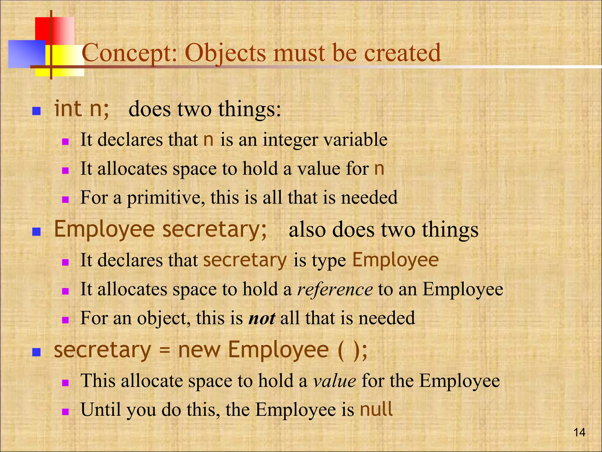 Concept: Objects must be created
 int n; does two things:
 It declares that n is an integer variable
 It allocates space to hold a value for n
 For a primitive, this is all that is needed
 Employee secretary; also does two things
 It declares that secretary is type Employee
 It allocates space to hold a reference to an Employee
 For an object, this is not all that is needed
 secretary = new Employee ( );
 This allocate space to hold a value for the Employee
 Until you do this, the Employee is null
14
 