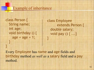 Example of inheritance
13
class Person {
String name;
int age;
void birthday () {
age = age + 1;
}
}
class Employee
extends Person {
double salary;
void pay () { ...}
}
Every Employee has name and age fields and
birthday method as well as a salary field and a pay
method.
 