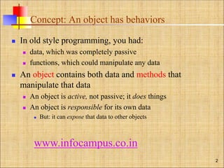 Concept: An object has behaviors
 In old style programming, you had:
 data, which was completely passive
 functions, which could manipulate any data
 An object contains both data and methods that
manipulate that data
 An object is active, not passive; it does things
 An object is responsible for its own data
 But: it can expose that data to other objects
2
www.infocampus.co.in
 