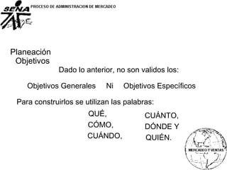 Planeación
Objetivos
Para construirlos se utilizan las palabras:
Dado lo anterior, no son validos los:
Objetivos Generales Ni Objetivos Específicos
QUÉ,
CÓMO,
CUÁNDO,
CUÁNTO,
DÓNDE Y
QUIÉN.
 