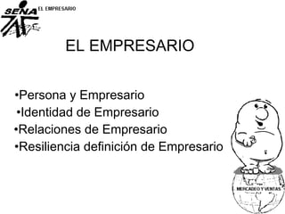 •Persona y Empresario
EL EMPRESARIO
•Identidad de Empresario
•Relaciones de Empresario
•Resiliencia definición de Empresario
 