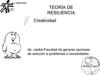 Creatividad
lat. creāre Facultad de generar opciones
de solución a problemas o necesidades.
TEORÍA DE
RESILIENCIA
 