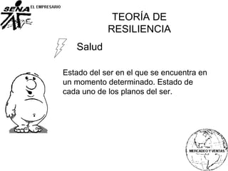 Salud
Estado del ser en el que se encuentra en
un momento determinado. Estado de
cada uno de los planos del ser.
TEORÍA DE
RESILIENCIA
 