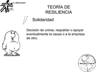 Solidaridad
Decisión de unirse, respaldar o apoyar
eventualmente la causa o a la empresa
de otro.
TEORÍA DE
RESILIENCIA
 