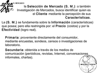 la Selección de Mercado (S. M.): o también
Investigación de Mercados, busca identificar quien es
el Cliente mediante la percepción de sus
Características.
Primaria: proveniente directamente del consumidor,
mediante encuestas, sondeos, censos o investigaciones de
laboratorio.
La (S. M.) se fundamenta sobre la Información (características)
que posea; pero ella restringida por: el Precio (costos) y por la
Efectividad (logro real).
Secundaria: obtenida a través de los medios de
comunicación (periódicos, revistas, Internet, conversaciones
informales, charlas).
 