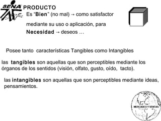 Posee tanto características Tangibles como Intangibles
PRODUCTO
Es “Bien” (no mal) → como satisfactor
Necesidad → deseos …
mediante su uso o aplicación, para
las tangibles son aquellas que son perceptibles mediante los
órganos de los sentidos (visión, olfato, gusto, oído, tacto).
las intangibles son aquellas que son perceptibles mediante ideas,
pensamientos.
 