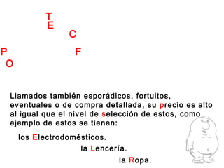 Ocasionales
los Electrodomésticos.
Llamados también esporádicos, fortuitos,
eventuales o de compra detallada, su precio es alto
al igual que el nivel de selección de estos, como
ejemplo de estos se tienen:
la Lencería.
la Ropa.
PRODUCTOS FINALES
ECONOMÍA
TIPOS DE
DEL CLIENTE
 
