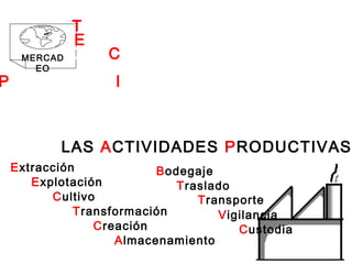 MERCAD
EO
LAS ACTIVIDADES PRODUCTIVAS
Extracción
Explotación
Cultivo
Transformación
Creación
Almacenamiento
Bodegaje
Traslado
Transporte
Vigilancia
Custodia
PRODUCTOS INTERMEDIOS
ECONOMÍA
TIPOS DE
DEL CLIENTE
 