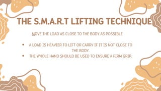 THE S.M.A.R.T LIFTING TECHNIQUE
MOVE THE LOAD AS CLOSE TO THE BODY AS POSSIBLE
A LOAD IS HEAVIER TO LIFT OR CARRY IF IT IS NOT CLOSE TO
THE BODY.
THE WHOLE HAND SHOULD BE USED TO ENSURE A FIRM GRIP.
 