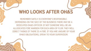 WHO LOOKS AFTER OH&S
REMEMBER SAFELY IS EVERYONE’S RESPONSIBLE.
DEPENDING ON THE SICE OF THE BUSINESS THERE MAY BE A
DEDICATED OH&S OFFICER. IF NOT SOMEONE WILL BE AN
ALLOOCATED FIRE WARDEN FOR EACH AREA OF FLOR. THEY WILL
DIRECT THINGS IF THERE IS A FIRE. IF YOU ARE UNSURE OF YOUR
OH&S OBLIGATIONS, SPEAK TO YOUR SUPERVISOR.
 