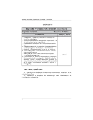 Programa Nacional de Formación de Educadores y Educadoras




                                       CONTENIDOS


       Segundo Trayecto de Formación Intermedia
 Segundo Semestre                                           Duración: 30 Horas

                         Contenidos                               Tiempo/ horas

 1. Los Métodos Cientíﬁcos y fases de la investigación
    cientíﬁco pedagógica.
 2. Investigación cientíﬁca, pensamiento especulativo y el
    conocimiento empírico espontáneo.
 3. Los elementos del diseño de la investigación cientíﬁ-
    ca.
 4. Etapas de trabajo en los distintos métodos de investi-
    gación pedagógica: Cualitativos y Cuantitativos
 5. Proyecto. Conceptualización. Partes de un proyecto.
 6. Tipos de Proyectos que se desarrollan en el Sistema
    Educativo Bolivariano.
 7. El Proyecto de Aprendizaje como metodología de
    investigación pedagógica.                                         30 horas
 8. Componentes del Proyecto de Aprendizaje (tema-pro-
    blema, contexto de investigación, objeto de estudio,
    objetivos, campo o contexto de estudio, variables, ta-
    reas, métodos, instrumentos, recursos, interpretación
    de los datos o informaciones, propuesta o aportes y
    bibliografía).



     OBJETIVOS ESPECÍFICOS

    • Caracterizar la investigación educativa como forma especíﬁca de la
actividad cientíﬁca.
    • Caracterizar el Proyecto de Aprendizaje como metodología de
investigación pedagógica.




24
 