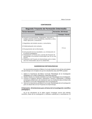 Básico Curricular



                                  CONTENIDOS


       Segundo Trayecto de Formación Intermedia
 Tercer Semestre                                        Duración: 50 Horas

                        Contenidos                               Tiempo/ horas

 El Proyecto de Aprendizaje. Diagnóstico, discusión y
   trabajo colectivo entre estudiantes, docentes y comu-
   nidad. Ejecución y evaluación.

 1. Diagnóstico del ámbito escolar y comunitario.

 2. Problematización del contexto.
                                                                       50 horas
 3. Procesamiento de la información.

 4. Comunicación de los resultados y su introducción en
    la práctica pedagógica.
 • Presentación en forma oral y escrita del Proyecto de
    Aprendizaje a los actores involucrados (as) en su eva-
    luación.
 • Evaluación del Proyecto de Aprendizaje junto a todos
    (as) los involucrados (as) en su desarrollo.



                      SUGERENCIAS METODOLÓGICAS

   Se recomienda presentar el Básico Curricular desde el inicio de las actividades
de aprendizaje con el objeto de que los estudiantes (las) del PNFE puedan:

1. Valorar la importancia del Básico Curricular Metodología de la Investigación
   Pedagógica en su labor profesional y desarrollo personal.
2. Mostrar interés en el estudio del Básico Curricular Metodología de la Investigación.
3. Conocer el objetivo general, especíﬁcos, temario, bibliografía y posibles
   estrategias didácticas y de evaluación que se emplearán para el desarrollo
   del Básico Curricular Metodología de la Investigación.
4. Valorar la importancia del Básico Curricular Metodología de la Investigación
   para el desarrollo de los Proyectos de Aprendizaje.

II Semestre. Orientaciones para el tema de la investigación cientíﬁco
pedagógica.

   Al (a la) estudiante se le debe sugerir investigar acerca del método
cientíﬁco, fases de la investigación y métodos cualitativos y cuantitativos. El


                                                                                    25
 