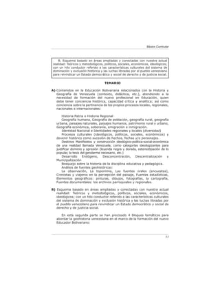 Básico Curricular



     B. Esquema basado en áreas ampliadas y conectadas con nuestra actual
 realidad: Teóricos y metodológicos, políticos, sociales, económicos, ideológicos;
 con un hilo conductor referido a las características culturales del sistema de
 dominación y exclusión histórica y las luchas libradas por el pueblo venezolano
 para reivindicar un Estado democrático y social de derecho y de justicia social.

                                     TEMARIO

A) Contenidos en la Educación Bolivariana relacionados con la Historia y
   Geografía de Venezuela (contexto, didáctica, etc.), atendiendo a la
   necesidad de formación del nuevo profesional en Educación, quien
   debe tener conciencia histórica, capacidad crítica y analítica; así como
   conciencia sobre la pertinencia de los propios procesos locales, regionales,
   nacionales e internacionales:

       Historia Patria e Historia Regional
       Geografía humana, Geografía de población, geografía rural, geografía
   urbana, paisajes naturales, paisajes humanos, patrimonio rural y urbano,
   Geografía económica, soberanía, emigración e inmigración.
       Identidad Nacional e Identidades regionales y locales (diversidad)
       Procesos culturales (ideológicos, políticos, sociales, económicos) y
   devenir histórico como sucesión de hechos, fechas y/o personajes.
       Destinos Maniﬁestos y construcción ideológico-política-social-económica
   de una realidad llamada Venezuela, como categorías ideologizantes para
   justiﬁcar dominio y opresión (leyenda negra y dorada, estereotipación de lo
   popular, la tesis del gendarme necesario, etc.)
       Desarrollo     Endógeno,    Desconcentración,    Descentralización    y
   Municipalización
       Bosquejo sobre la historia de la disciplina educativa y pedagógica.
       Análisis de fuentes geohistóricas:
       La observación, La toponimia, Las fuentes orales (encuestas),
   Cronistas y viajeros en la percepción del paisaje, Fuentes estadísticas,
   Elementos geográﬁcos: pinturas, dibujos, fotografías, la cartografía,
   Fuentes documentales: los archivos parroquiales y regionales.

B) Esquema basado en áreas ampliadas y conectadas con nuestra actual
   realidad: Teóricos y metodológicos, políticos, sociales, económicos,
   ideológicos; con un hilo conductor referido a las características culturales
   del sistema de dominación y exclusión histórica y las luchas libradas por
   el pueblo venezolano para reivindicar un Estado democrático y social de
   derecho y de justicia social.

      En esta segunda parte se han precisado 4 bloques temáticos para
   abordar la geohistoria venezolana en el marco de la formación del nuevo
   Educador Bolivariano:



                                                                                 53
 