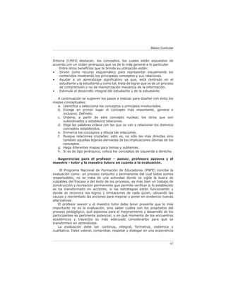 Básico Curricular



Ontoria (1993) destacan: los conceptos, los cuales están expuestos de
acuerdo con un orden jerárquico que va de lo más general a lo particular.
   Entre otros beneﬁcios que te brinda su utilización están:
•   Sirven como recurso esquemático para representar visualmente los
    contenidos mostrando los principales conceptos y sus relaciones.
•   Ayudar a un aprendizaje signiﬁcativo ya que, está centrado en el
    estudiante y la estudiante y como tal, trata de lograr que se de un proceso
    de comprensión y no de memorización mecánica de la información.
•   Estimula el desarrollo integral del estudiante y de la estudiante.

  A continuación se sugieren los pasos a realizar para diseñar con éxito los
mapas conceptuales:
  a. Identiﬁca y selecciona los conceptos y principios involucrados.
  b. Escoge en primer lugar el concepto más importante, general e
     inclusivo. Defínelo.
  c. Ordena, a partir de este concepto nuclear, los otros que son
     subordinados y establezca relaciones.
  d. Elige las palabras enlace con las que se van a relacionar los distintos
     conceptos establecidos.
  e. Enmarca los conceptos y dibuja las relaciones.
  f. Busque relaciones cruzadas: esto es, no sólo las más directas sino
     también aquellas lejanas derivadas de las implicaciones últimas de los
     conceptos.
  g. Haga diferentes mapas para temas y subtemas.
  h. Si es de tipo jerárquico, coloca los conceptos de izquierda a derecha.

  Sugerencias para el profesor – asesor, profesora asesora y el
maestro - tutor y la maestra tutora en cuanto a la evaluación.

     El Programa Nacional de Formación de Educadores (PNFE) concibe la
evaluación como: un proceso conjunto y permanente del cual todos somos
responsables, no se trata de una actividad donde se vigila la busca de
culpables del fracaso o del éxito de los procesos, es más bien un trabajo de
construcción y recreación permanente que permite veriﬁcar si lo establecido
se ha transformado en acciones, si las estrategias están funcionando y
donde se reconoce los logros y limitaciones de cada quien, ubicando las
causas y reorientado las acciones para mejorar y poner en evidencia nuevas
alternativas.
    El profesor asesor y el maestro tutor debe tener presente que lo más
importante no es la evaluación, sino saber cuáles son los propósitos del
proceso pedagógico, qué aspectos para el mejoramiento y desarrollo de los
participantes es pertinente potenciar, y en qué momento de los encuentros
académicos y trayectos es más adecuado considerarlos para que se
transformen en aprendizaje.
    La evaluación debe ser continua, integral, formativa, sistémica y
cualitativa. Debe valorar, comprobar, respetar y dialogar en una experiencia



                                                                              95
 