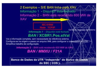 2 Exemplos – S/E BAN linha para XAV
Informação 1 - Disjuntor está fechado
Informação 2 – BAN está recebendo 600 MW de
XAV
Centro de Operação do Sistema
60 kmInformação
Informação 1 - Disjuntor está fechado
BAN / XCBR1.Pos.stVal
Vai a informação completa, sem necessidade de referência externa.
Configura-se na origem e passa um arquivo XML para configurar o computador do COS.
Simplifica trabalho de configuração.
Informação 2 – BAN está recebendo 600 MW de XAV
BAN / MMXU / F21A
Banco de Dados da UTR “independe” do Banco de Dados
do SSC ( COS ).
IEC 61850
Rede TCP/IP
 