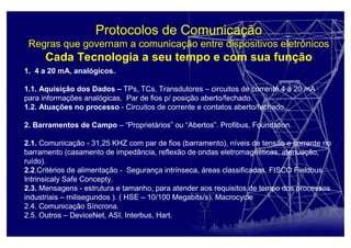 Protocolos de Comunicação
Regras que governam a comunicação entre dispositivos eletrônicos
Cada Tecnologia a seu tempo e com sua função
1. 4 a 20 mA, analógicos.
1.1. Aquisição dos Dados – TPs, TCs, Transdutores – circuitos de corrente 4 a 20 mA
para informações analógicas. Par de fios p/ posição aberto/fechado.
1.2. Atuações no processo - Circuitos de corrente e contatos aberto/fechado.
2. Barramentos de Campo – “Proprietários” ou “Abertos”. Profibus, Foundation.
2.1. Comunicação - 31,25 KHZ com par de fios (barramento), níveis de tensão e corrente no
barramento (casamento de impedância, reflexão de ondas eletromagnéticas, atenuação,
ruído).
2.2.Critérios de alimentação - Segurança intrínseca, áreas classificadas. FISCO Fieldbus
Intrinsicaly Safe Concepty.
2.3. Mensagens - estrutura e tamanho, para atender aos requisitos de tempo dos processos
industriais – milisegundos ). ( HSE – 10/100 Megabits/s). Macrocycle
2.4. Comunicação Síncrona.
2.5. Outros – DeviceNet, ASI, Interbus, Hart.
 