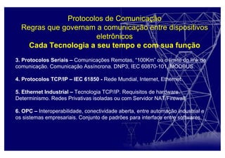 3. Protocolos Seriais – Comunicações Remotas, “100Km” ou o limite do link de
comunicação. Comunicação Assíncrona. DNP3, IEC 60870-101, MODBUS.
4. Protocolos TCP/IP – IEC 61850 - Rede Mundial, Internet, Ethernet.
5. Ethernet Industrial – Tecnologia TCP/IP. Requisitos de hardware.
Determinismo. Redes Privativas isoladas ou com Servidor NAT/Firewall.
6. OPC – Interoperabilidade, conectividade aberta, entre automação industrial e
os sistemas empresariais. Conjunto de padrões para interface entre softwares.
Protocolos de Comunicação
Regras que governam a comunicação entre dispositivos
eletrônicos
Cada Tecnologia a seu tempo e com sua função
 