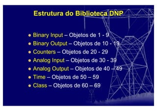 Estrutura do Biblioteca DNP
Binary Input – Objetos de 1 - 9
Binary Output – Objetos de 10 - 19
Counters – Objetos de 20 - 29
Analog Input – Objetos de 30 - 39
Analog Output – Objetos de 40 – 49
Time – Objetos de 50 – 59
Class – Objetos de 60 – 69
 