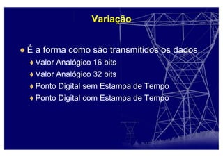 Variação
É a forma como são transmitidos os dados.
Valor Analógico 16 bits
Valor Analógico 32 bits
Ponto Digital sem Estampa de Tempo
Ponto Digital com Estampa de Tempo
 