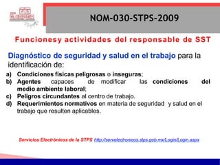 NOM-030-STPS-2009
Servicios Electrónicos de la STPS http://servelectronicos.stps.gob.mx/Login/Login.aspx
Funcionesy actividades del responsable de SST
Diagnóstico de seguridad y salud en el trabajo para la
identificación de:
a) Condiciones físicas peligrosas o inseguras;
b) Agentes capaces de modificar las condiciones del
medio ambiente laboral;
c) Peligros circundantes al centro de trabajo.
d) Requerimientos normativos en materia de seguridad y salud en el
trabajo que resulten aplicables.
 