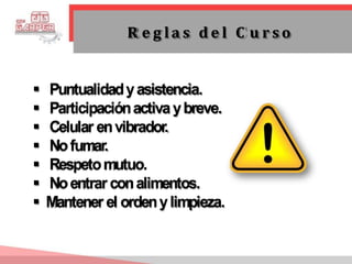  Puntualidadyasistencia.
 Participaciónactivaybreve.
 Celular envibrador.
 Nofumar.
 Respetomutuo.
 Noentrarconalimentos.
 Mantener el ordenylimpieza.
R e g l a s d e l C u r s o
 